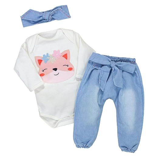 Conjunto Bebê Body Bordado Manga Longa com Calça Jeans ou Calça Ecolinho Sustentável - Era Uma Vez 0-12 Meses
