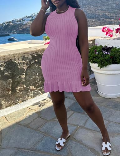 Image of Nimsruc Women Summer Tank Dresses Sleeveless Crew Neck Casual Bodycon Mini Dress with Ruffle Hem