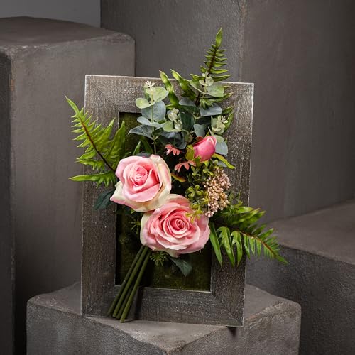 By ED Cadre Floral décoratif avec Roses Roses et Feuillage Vert – Composition Florale Artificielle élégante pour décoration Murale ou à Poser – idéal...