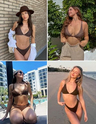 ZAFUL Women's Sexy Two Piece Swimwear Textured Triangle Plunging Neck High Cut Cheeky Bikini Set Solid Color Swimsuit3