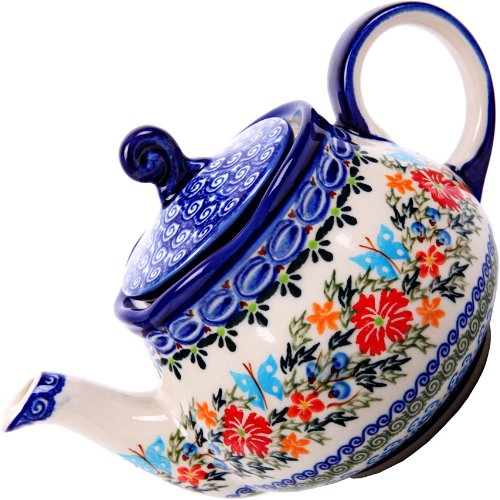 Polish Pottery Ceramika Boleslawiec 0105238 Teapot Fruti 3 14 Cups Royal Blue Patterns with Red Cornflower and Blue Butterflies Motif