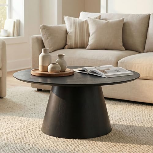 Table Basse RUDA, Ronde Ø 85 cm, Noir, Table de Salon en Bois MDF avec Piètement Conique, Design Moderne et Épuré, Idéale pour Poser Livres et Déco,...