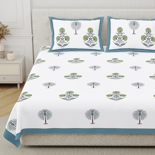 Image of DE CAMA Since 1997 | 100% Cotton 300 TC Premium King Size Bedsheet for Double Bed (90 x 108 Inch) with 2 Pillow Covers Set (17 x 27 Inch) Designer Printed Bedsheet Set - Palm Tree Blue