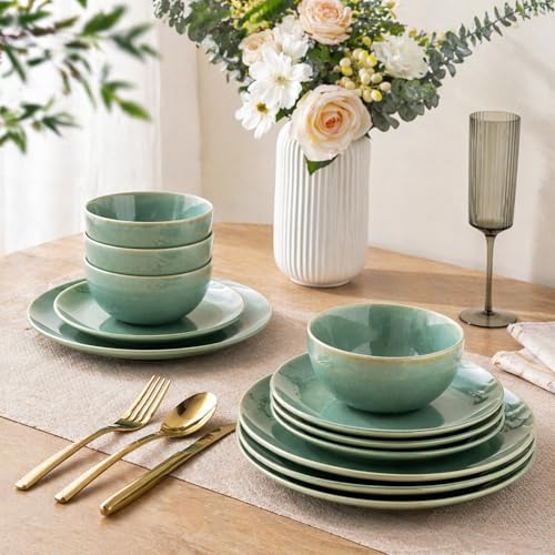 Image of GBHOME Ceramic Dinnerware Sets for 8, 24 Pieces Stoneware Plates and Bowls Sets, Reactive Glaze Dish set -Scratch Resistant, Dishwasher&Microwave Safe-Malachite Green