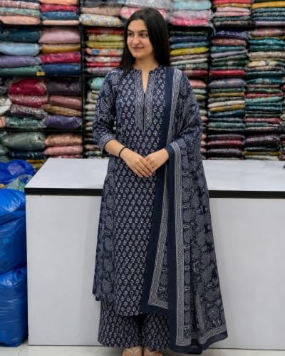 Image of GoSriKi Kurta Sets for Women Viscose Blend Printed | Kurti Set for Woman | Kurta Palazzo Dupatta Set | A Line Kurti | Mandarin Collar 3 /4 Sleeve Suit Set for Women Stylish Ethnic Outfit