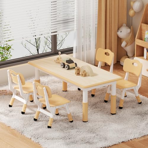 LulliSpace Kids Table and 4 Chairs Set?Height Adjustable Children Table & Chair?Toddlers Study Multi-Activity Table with 47.2