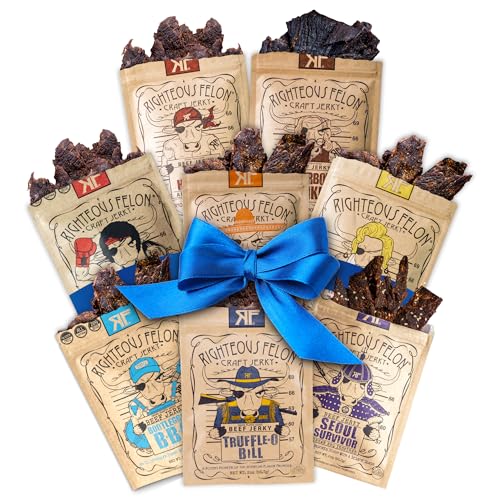 Righteous Felon Beef Jerky Variety Pack - Beef Jerky Gift for Father's Day - Gluten Free Beef Jerky Snack Packs - High Protein, Keto, Low Sugar - Gifts for Men - Sampler 8 Pack