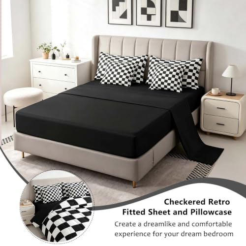 Image of Feelyou Checkered Retro 7 Piece Bedding Set Teen Women Men Black White Plaid Comforter Set with Sheets Twin Size Kids Boys Geometric Vintage Bed in a Bag Modern Simple Groovy Aesthetic Room Decor