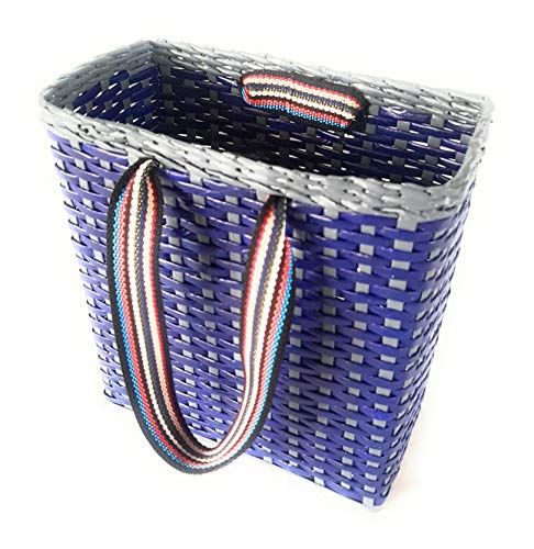 Image of Paperus, Small Blue & Grey, Lunch Bag, Carry Bag, Handbag, Tiffin Basket, Eco-Friendly, Handmade, of Paper Ropes 11 in Tall 10 in Length 5 in Wide Base