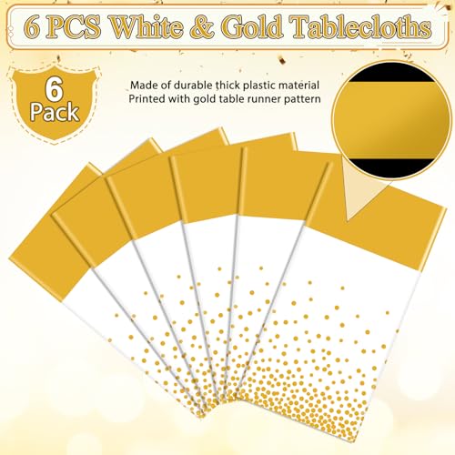 Image of 6Pcs White and Gold Tablecloth Party Decorations,Plastic White Table Cloth Printed Gold Table Runner Disposable Rectangle Table Cover for Birthday Wedding Anniversary Graduation Party,54 x108 Inch