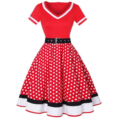 Rockabilly Kleid, Rockabilly Kleider Damen Polka Dot Swing Petticoat Kleid Festlich 50Er Jahre Outfit V-Ausschnitt A Linie Partykleid Vintage Midi...
