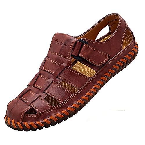 Qiucdzi Mens Sport Sandals Breathable Outdoor Fisherman Shoes Adjustable Closed Toe Summer Leather Loafters (Maroon-1, Numeric_7_Point_5)