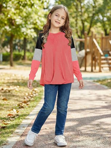 Image of SELINK Girls Big Kids Long Sleeve Striped Color Block Pocket Tees | Casual Loose Fit With Side Pockets,Soft Stretch Polyester Blend For Big Girls Daily&Back To School Wear