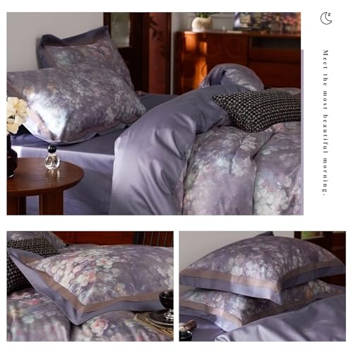 VM VOUGEMARKET Garden Flower Bedding Set King Smooth Long Staple Cotton Duvet Cover with Purple Floral Pattern Vintage Cottage Botanical Comforter Cover for Spring Summer