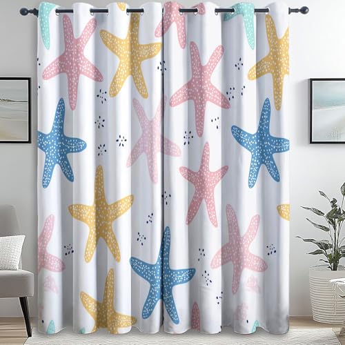 Cortinas Opacas Blanco Decoración de Ventanas Acuarela Estrellas De Mar Impresas para Dormitorio Sala de Estar guardería habitación Cortina 140An x 260Al cm (2 Paneles) con Ojales