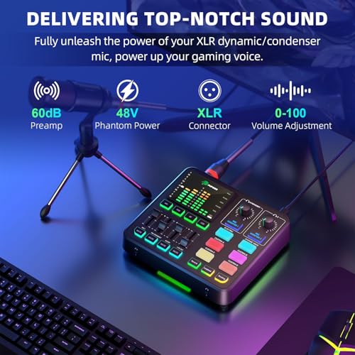 PUPGSIS Gaming Audio Mixer, Audio Interface for PC/Podcast/Streaming, Sound Board with 3.5mm/XLR Mic Input, 48V Phantom Power, Voice Changer, Live Sound Card with DJ Mixer Effects/Bluetooth/4 Channel — view 2