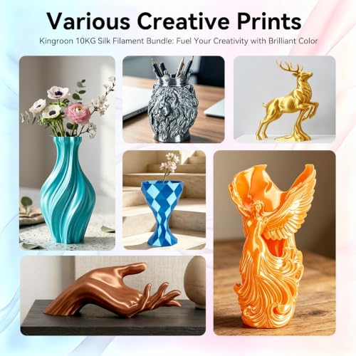 Image of Kingroon Silk PLA Bundle 3D Printer Filament, Dimensional Accuracy + /- 0.03 mm, 10 kg Spool(22lbs), PLA Shiny Filament 1.75 mm（2Gold+Orange+Green+Red+Yellow+Blue+Purple+Silver+Copper, Silk PLA