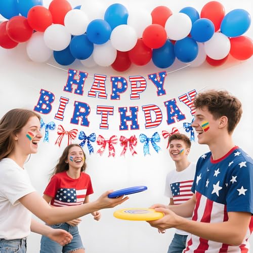 Image of Bow Patriotic Happy Birthday Banner,4th /Fourth of July Decorations, Red White and Blue Independence Day Birthday Garland, Memorial Day Decorations for Indoor Outdoor