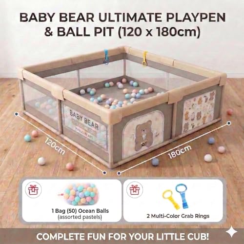 Image of Safe-O-Kid 120x180 cm Large Baby Playpen with 50 Balls, 1 Year Warranty, Safety Lock, Playard for Kids up to 5 Years, 2 Anti-Fall Grasp Rings