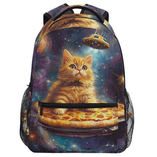 Wamika Mochila Pizza Cat para Escola Galáxia Espaço Gatinho Meninas Meninos Mochila Crianças Adolescentes para Idades 6-16 M