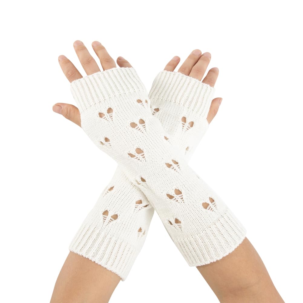 Hugede Women's White Fingerless Grunge Gloves - Ripped Arm Warmers, Fashion Crochet Knit Arm Sleeves With Thumb Hole, Half Finger Mittens For Girls