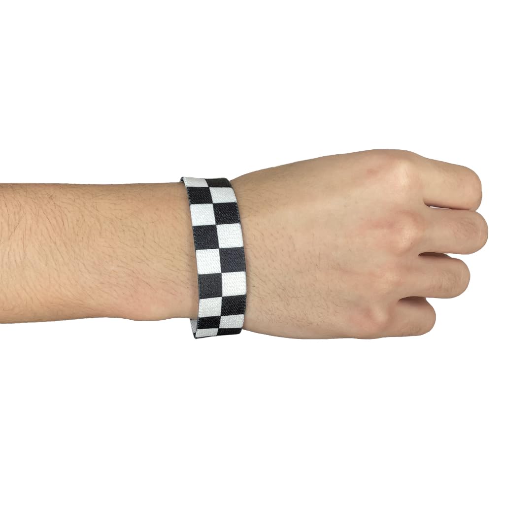 Set of Chequered Flag elastic Wrist band wristband Key tag Set racing motorsports, Black and White, 19 CM X 2 CM - Image 2