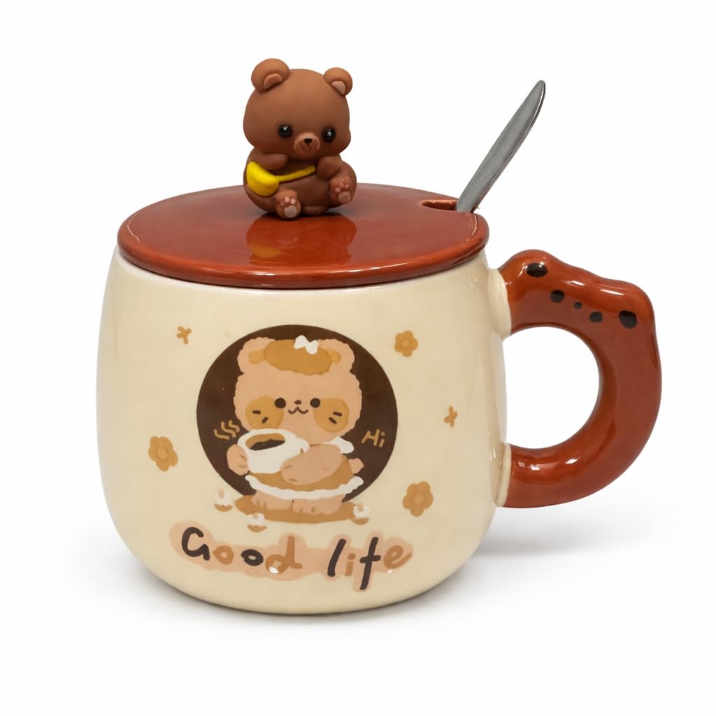 Vasukie Teddy Coffee Mug with Lid & Steel Spoon, Mugs for Coffee, Rakhi for Brother, Birthday Gift, Ceramic Mug, 3D Teddy Coffee Mug (Teddy Mug)