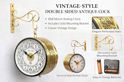 Image of Handcrafted Double Side Metal Analog Vintage Wall Clock,Hand Jali Cutting | 1.5 Year Machine Warranty |65470- Size INCHES | 1 Side Number 1 Side Roman,Colour Golden Size 8 inch