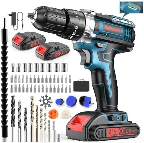 Trapano avvitatore senza fili 21 V 3 in 1 – Kit di 61 accessori, 2 batterie e caricabatterie rapido, coppia 45 Nm – multifunzione per foratura, avvitatura e progetti domestici