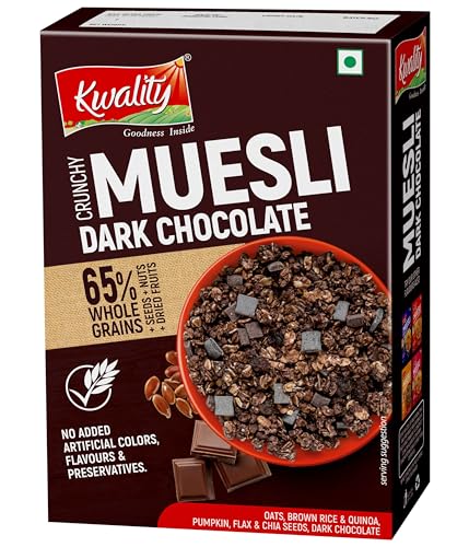 Image of Kwality Muesli Crunchy Dark Chocolate 400g | 65% Whole Grains + Seeds + Nuts & Dried Fruits, High Protein & Fiber, Healthy Breakfast Cereal