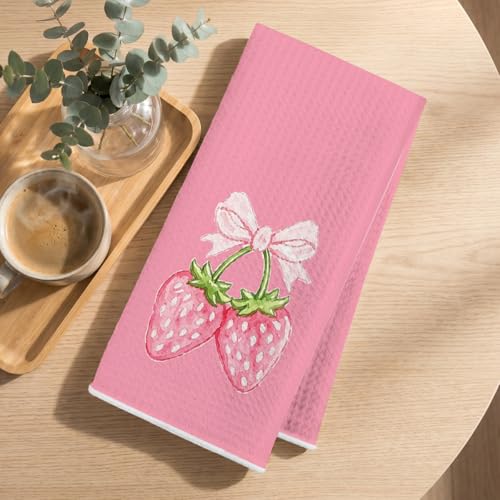 Image of 4 Pcs Strawberry Hand Towels, Pink Strawberries Reusable Dish Towels