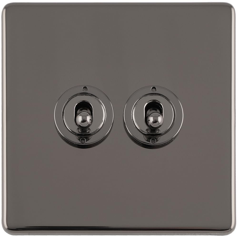B&Q -  2 Gang Double Retro Toggle Light Switch Screwless Black Nickel 10A 2 Way Lever