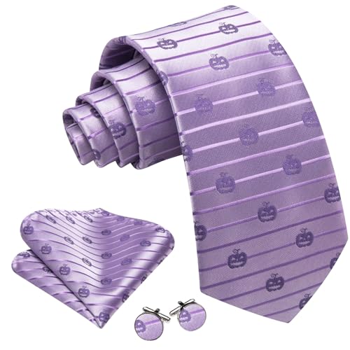 Image of Barry.Wang Man Tie Sets Pumpkin Extra Long Necktie Silk Woven Handkerchief Cufflinks Festival Party Gift Lilac