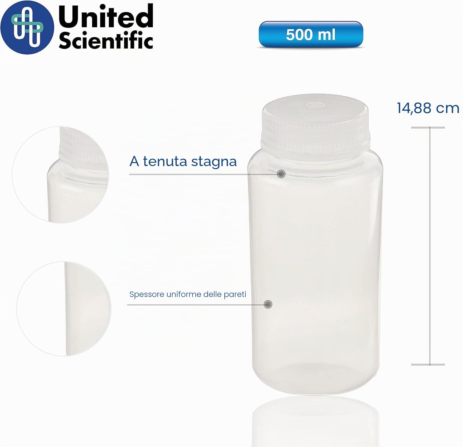 United Scientific 33309 - Flaconi per reagenti a bocca larga, in polipropilene, capacità 500 ml, confezione da 12