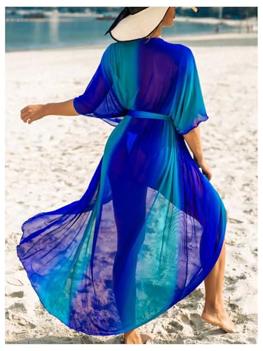 OYOANGLE Women's Ombre Sheer Belted Long Beach Kimono Cover Ups Lightweight Cardigans Resort Wear2