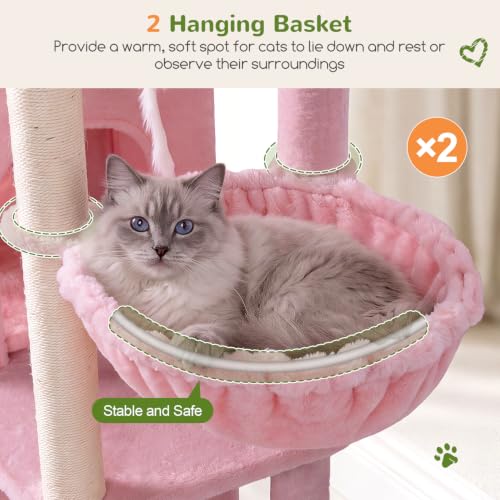 Image of Globlazer Cat Tree Tower for Indoor Cats, Sturdy Adult Cat Tree House for Large Adult Cats with 2 Platform, 6 Cat Scratching Post, 2 Cat Caves, Dangling Toys, S63, 63 inch, Pink