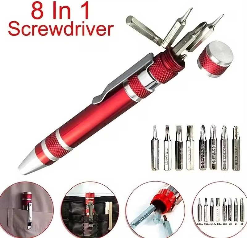 8-Piece Magnetic Multi-Tool Screwdriver Set - Portable Aluminum Alloy Hand Tool with Detachable Cover, Red Color, Cross & Flat Head Bits for Home Repair, Electronics, DIY, Craftsmen and Hobbyists