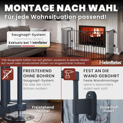 Heimfleiss® Kaminschutzgitter Baby mit Sicherheitsverschluss | Ofenschutzgitter für Kinder & Hunde | Ofengitter Kinderschutz aus Stahl | Universal nutzbar als Kamin-, Tür- & Treppenschutzgitter (Grau)