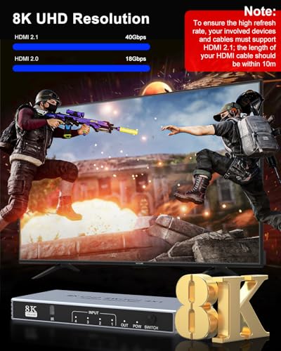 Image of Hdmi Switcher 4 in 1 Out - New 8K@60Hz 4K@240Hz /144Hz /120Hz HDMI Splitter with Remote Support 3D /HDR /HDCP2.3, for PS5 /4 Xbox Nintendo Switch Roku Apple TV Fire Stick 4 Port 8k HDMI2.1 Switch