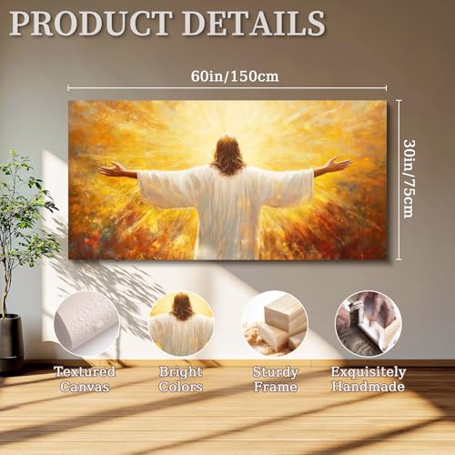SERIMINO Jesus with Open Arms Wall Art, Christian Art Wall Decor for Serenity Prayer, Risen Lord in Radiant Glory Extra Large Paintings, Christ Grace Pictures for Living Room Church Prints 30"X60"