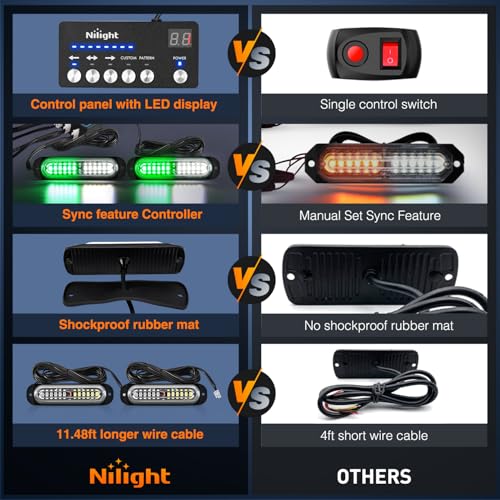 Image of Nilight 8PCS Led Strobe Lights with Controller 12V 24V Sync Green White | 12 LED Surface Mount Emergency Hazard Warning Lights with Strobe Controller for Vehicle Car Truck RV ATV
