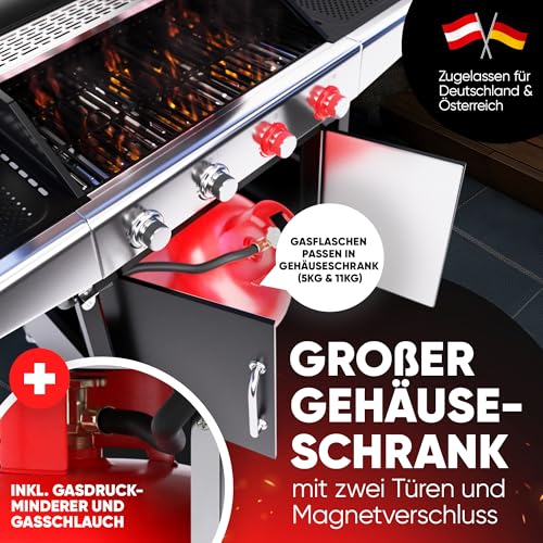 ProfiCook® Gas-grill für Temperaturen bis zu 450°C | 2 Power-Zonen | Roste aus echtem Gusseisen | Gasgrill 4 Brenner | Temperaturanzeige | Flaschenöffner | 4 Brenner | Gasgrill Balkon | PC GG 1311