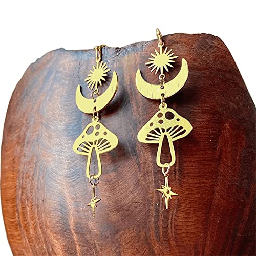 Sun Moon Tassel Dangle Earrings. Gothic Metal Star Drop Earring Hollow Mushroom Earrings Fashion Jewelry Gifts For Women Teen Girls (Gold) #TOP4
