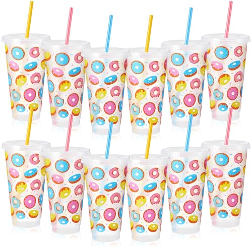 SiliFine 12 Pcs Plastic Donut Cups 24oz Reusable Donut Time Tumbler with Lid and Straw Doughnut Theme Drinking Cups for Donut Grow up Party Favors Summer Birthday Decoration Supplies