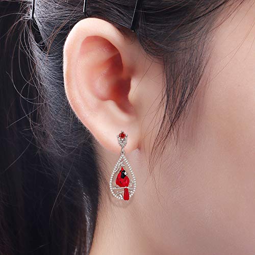 Cardinal Earrings for Women S925 Sterling Silver Teardrop Dainty Cute Dangle Drop Piercing Stud Red Fashion Hypoallergenic Crystal Ruby Animal Bird Valentine's Day Jewelry3