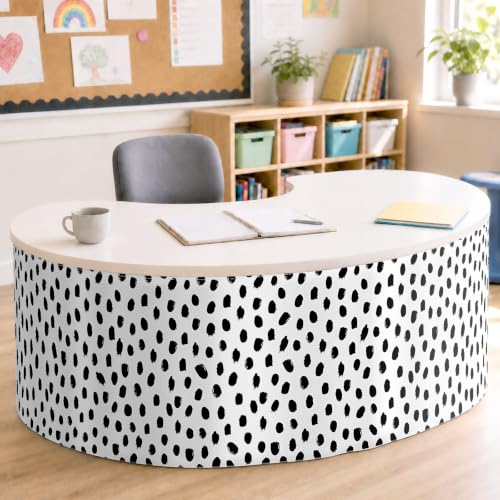 Image of 9FT Irregular Polka Dots Table Skirt Teacher Desk Skirt for Black and White Classroom Decor Rectangle Back to School Table Cloth Birthday Party Supplies for Kindergarten Office Dorm Bookcase Cabinet
