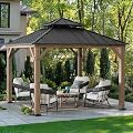 SUNJOY 11 x 11 ft. Wood Gazebo, Upgrade Outdoor Patio Cedar Framed Steel Hardtop Gazebo with 2-Tier Metal Roof, Suitable for Patios, Lawn and Backyard, Dark Brown Roof + Dark Wood Frame