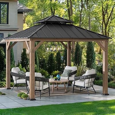 SUNJOY 11 x 11 ft. Wood Gazebo, Upgrade Outdoor Patio Cedar Framed Steel Hardtop Gazebo with 2-Tier Metal Roof, Suitable for Patios, Lawn and Backyard, Dark Brown Roof + Dark Wood Frame