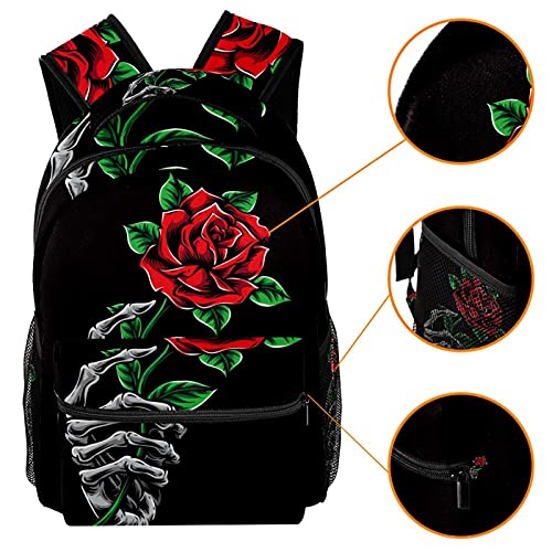 Skeleton Hand Holding Red Rose School Backpack Medium Size, Travel Bag For Women Girls Men Boys Teens3