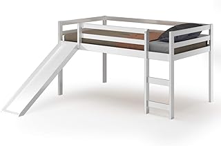 Costzon Twin Loft Bunk Bed with Slide, Built-in Ladder and Guard Rail, Kids Solid Wood Low Bunk Bed Frame w/Storage Space for Boys & Girls, Bedroom, Dorm Furniture (White)